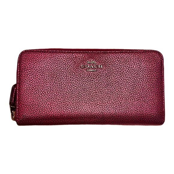 RARE COLOR! COACH Pink Metallic Pebble Leather Accordion Zip Wallet - Picture 3 of 11